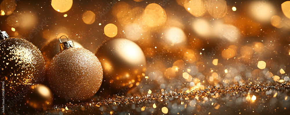Shiny Christmas tree balls on golden sparkle bokeh background with sparkle and glitter. Celebrating winter New Year holiday on festive atmosphere. Shiny Christmas tree balls on golden sparkle bokeh background with sparkle and glitter. Celebrating winter New Year holiday on festive atmosphere.
