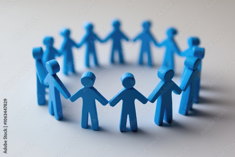 Blue wooden figures holding hands in a circle: teamwork and unity Blue wooden figures holding hands in a circle: teamwork and unity