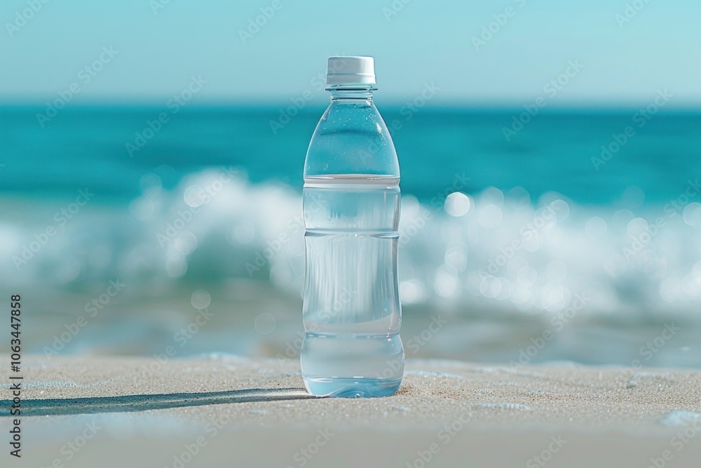 Clear water bottle on sandy beach near ocean waves Clear water bottle on sandy beach near ocean waves
