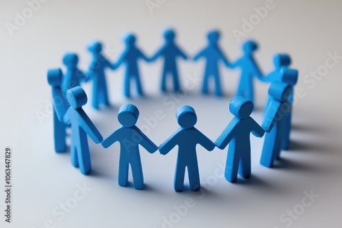 Blue wooden figures holding hands in a circle: teamwork and unity