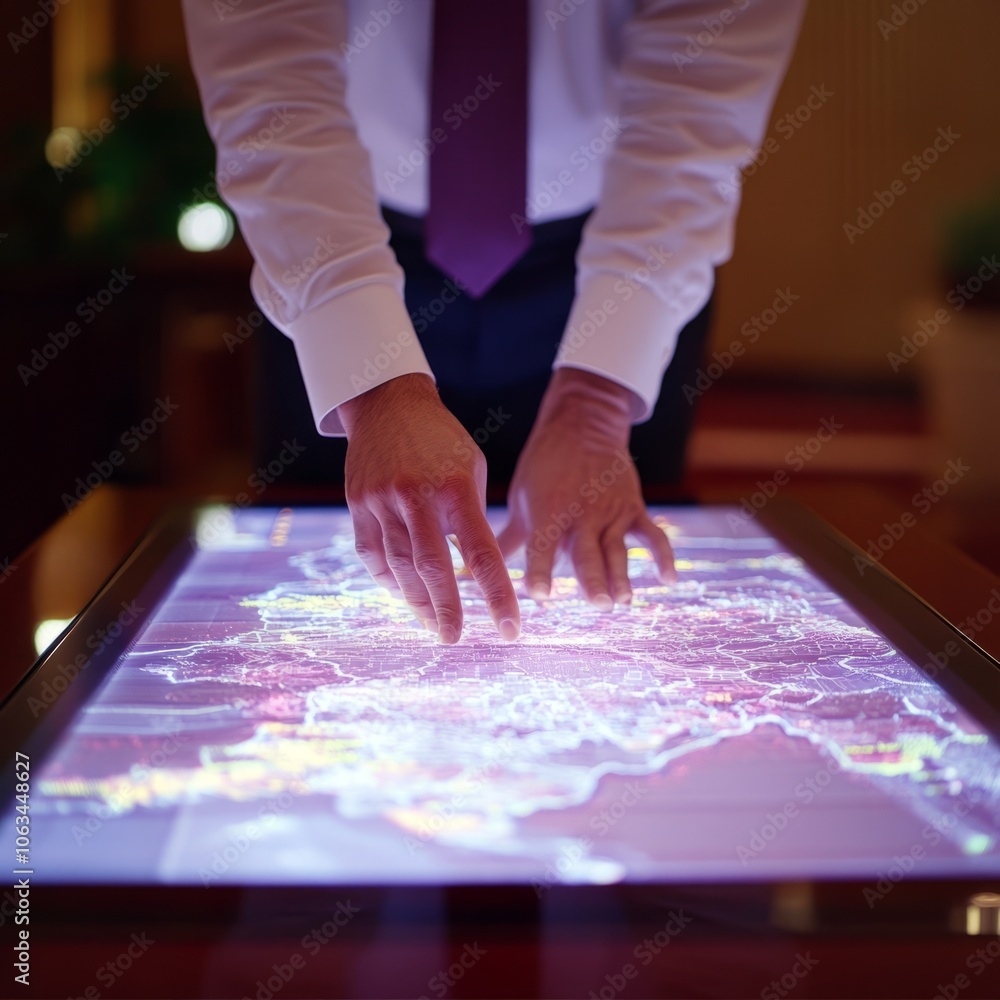 A person interacts with a digital map display, analyzing data. A person interacts with a digital map display, analyzing data.
