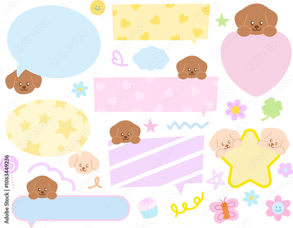 Puppy, butterfly, flower, cake, clover leaf for name tag, text bubble, cartoon character, comic, mascot, text, message, dialogue, chatting, sticker, pet shop, vet, adopt and rescue animals, dog lover Puppy, butterfly, flower, cake, clover leaf for name tag, text bubble, cartoon character, comic, mascot, text, message, dialogue, chatting, sticker, pet shop, vet, adopt and rescue animals, dog lover