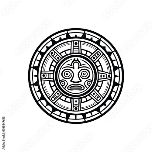 Create a vector logo featuring the Aztec calendar, incorporating its distinct circular design and symbolic elements.