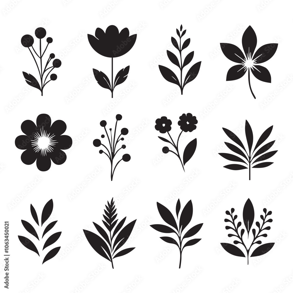 Obraz premium Silhouette set of flower on white background