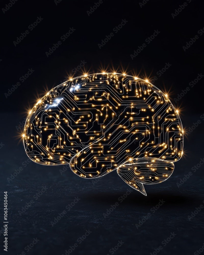 Fototapeta premium A conceptual representation of a brain with circuit patterns and glowing lights, symbolizing artificial intelligence and innovation against a dark background.