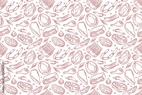 Seamless meat pattern in line art style with various meats on a white background. Include steak, sausage, ribs and vegetable. Ideal for culinary project, packaging or restaurant branding.