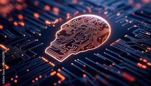 A futuristic digital skull design with intricate circuit patterns glowing against a dark background, representing the fusion of technology and human-like features.