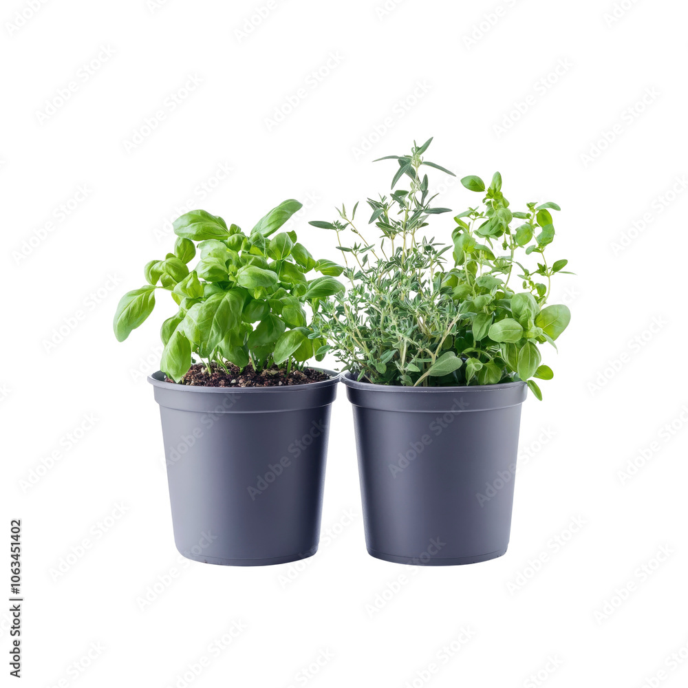 Fresh Herbs in Pots, Basil, Thyme, and Oregano Fresh Herbs in Pots, Basil, Thyme, and Oregano