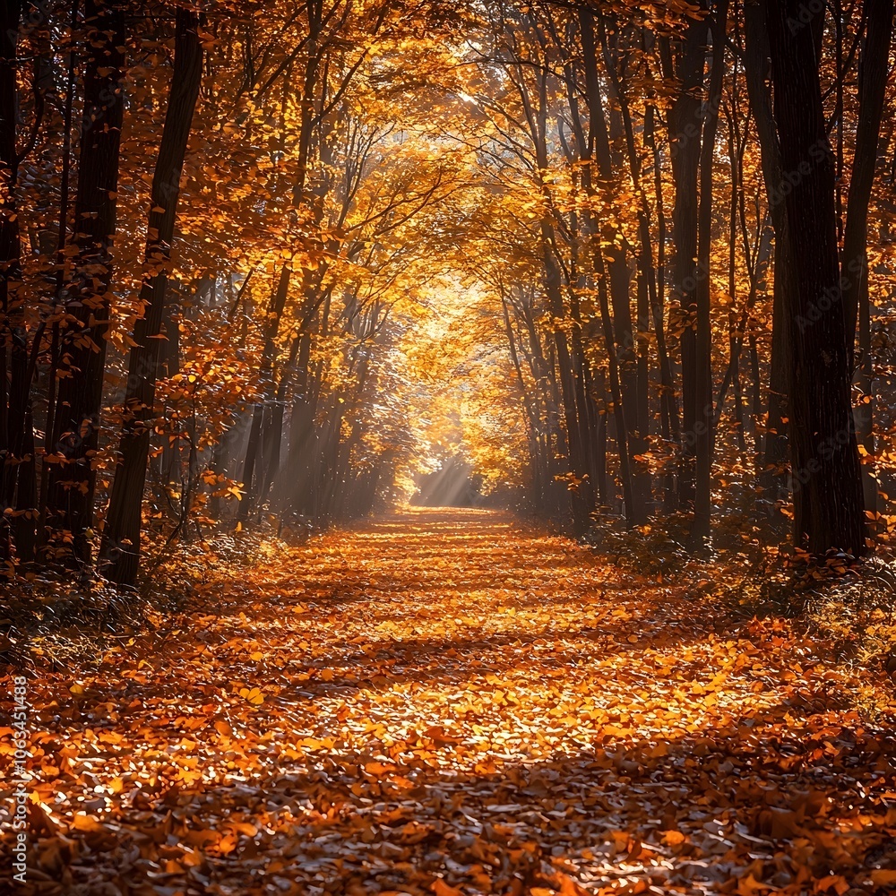 Fototapeta premium A tranquil forest path in autumn, with vibrant orange leaves carpeting the ground, illuminated by soft sunlight filtering through the trees, creating a serene atmosphere.
