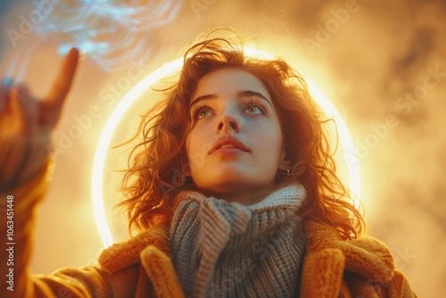 A person with curly hair, wearing a scarf and coat, points upwards against a glowing halo and warm background.