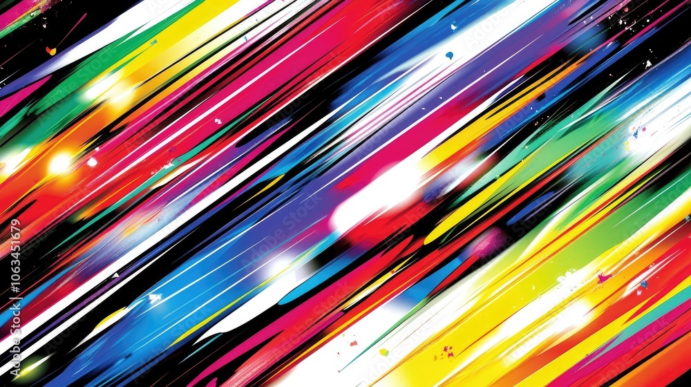 A background filled with colorful diagonal stripes and angular shapes, representing abstract dynamism and movement.