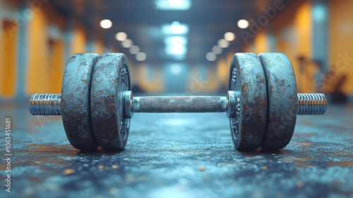 Rustic dumbbell with worn metal finish on gym floor, vintage weightlifting equipment, strength training, fitness setting, workout gear, old-fashioned gym, closeup, exercise, bodybuilding lifestyle photo