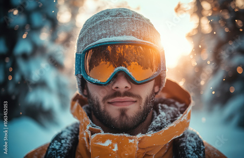 Young man wearing orange winter jacket, close-up portrait, reflective ski goggles, frosty snowflakes on face, sunrise in background, outdoor adventure, winter vibes, cold weather, snowy forest 