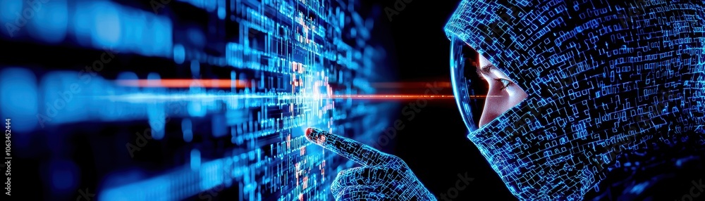 custom made wallpaper toronto digitalA hooded figure interacting with a digital interface, surrounded by streams of binary code, symbolizing cyber security and hacking in a modern technology environment.