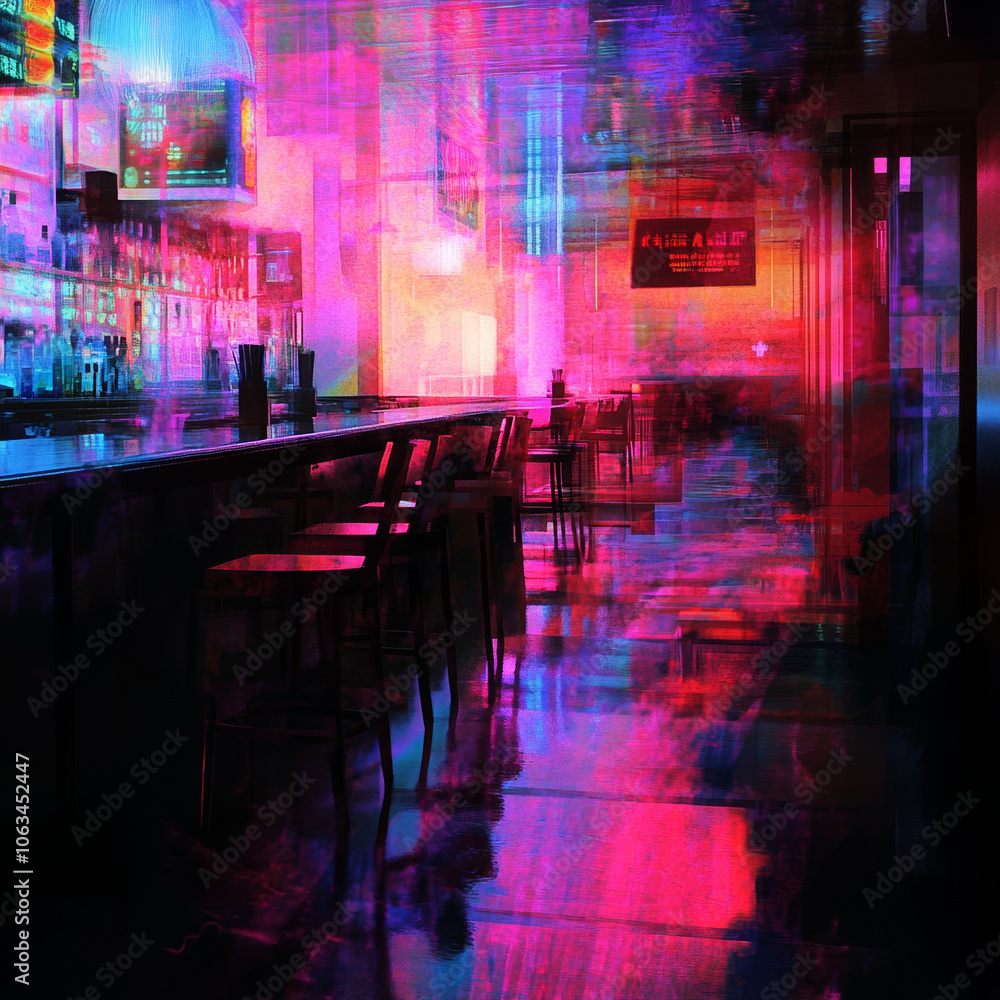 Step into a neon cyberpunk bar where digital decay meets glitchy textures, creating an immersive atmosphere of futuristic nightlife. Step into a neon cyberpunk bar where digital decay meets glitchy textures, creating an immersive atmosphere of futuristic nightlife.
