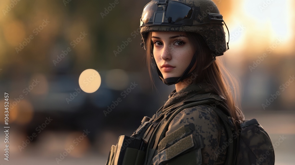 A 20-year-old female soldier, standing in front of a military A 20-year-old female soldier, standing in front of a military