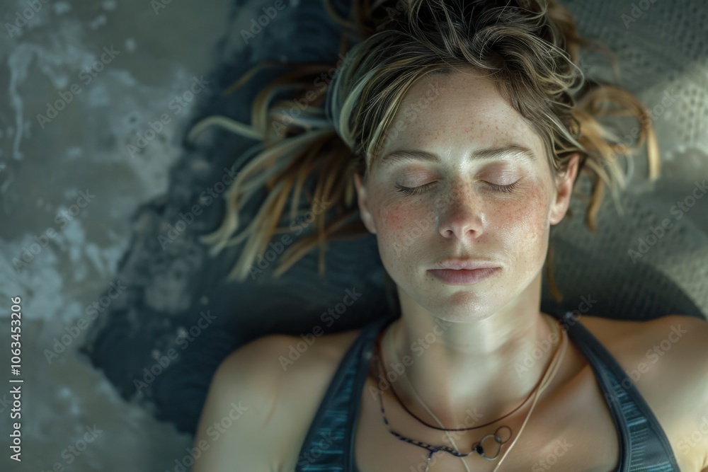 A woman in fitness wear is lying down with her eyes closed, relaxing after a workout. The image is calm, featuring natural light and soft colors. A woman in fitness wear is lying down with her eyes closed, relaxing after a workout. The image is calm, featuring natural light and soft colors.
