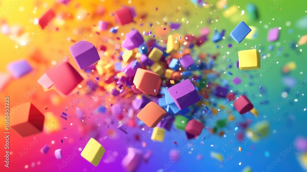 A screen with rainbow static distortion, filled with floating geometric shapes and glitch effects. A screen with rainbow static distortion, filled with floating geometric shapes and glitch effects.
