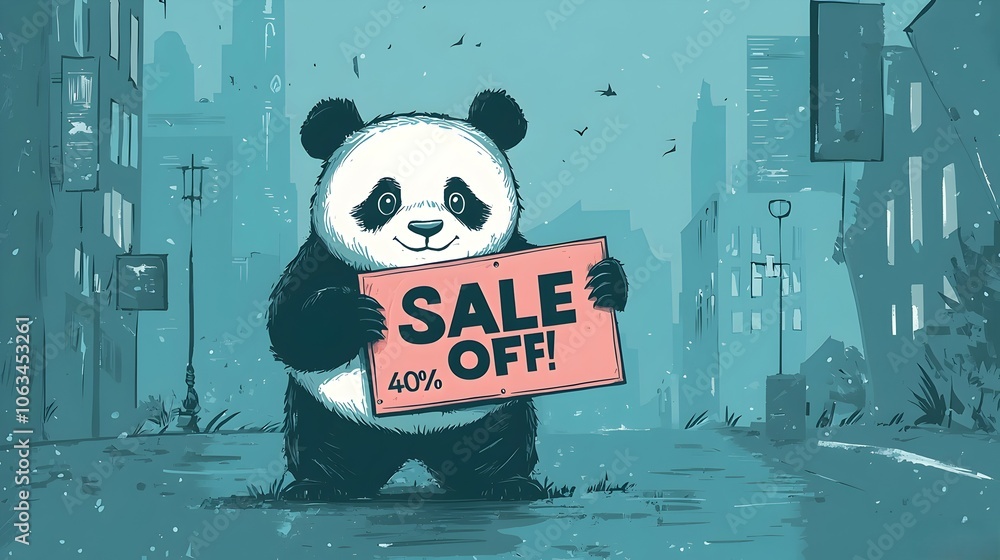 Panda Holding Sale 40 Off Sign in Minimalist Pop Art Panda Holding Sale 40 Off Sign in Minimalist Pop Art