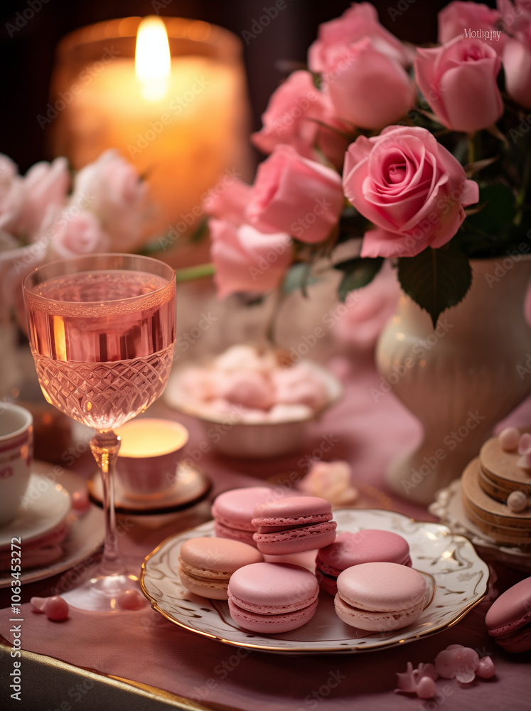 Pink roses, macaroons, glass of wine and candles on a table. Pink roses, macaroons, glass of wine and candles on a table.