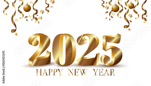 gold volumetric numbers 2025 new year, new year banner with gold numbers 2025 new year balls and serpentine