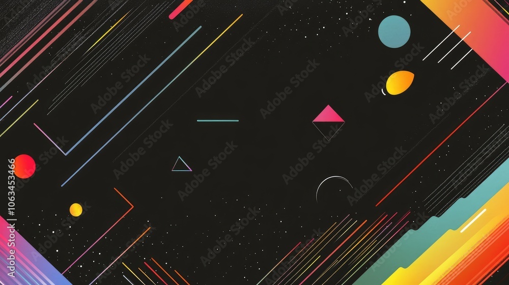 A static-filled screen background with rainbow colors and vibrant geometric shapes floating in the foreground. A static-filled screen background with rainbow colors and vibrant geometric shapes floating in the foreground.