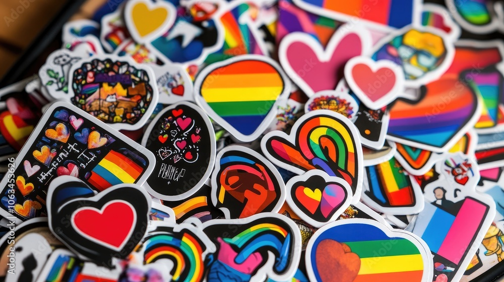 A variety of Pride-themed stickers featuring hearts, flags, and empowering quotes supporting LGBTQ rights. A variety of Pride-themed stickers featuring hearts, flags, and empowering quotes supporting LGBTQ rights.