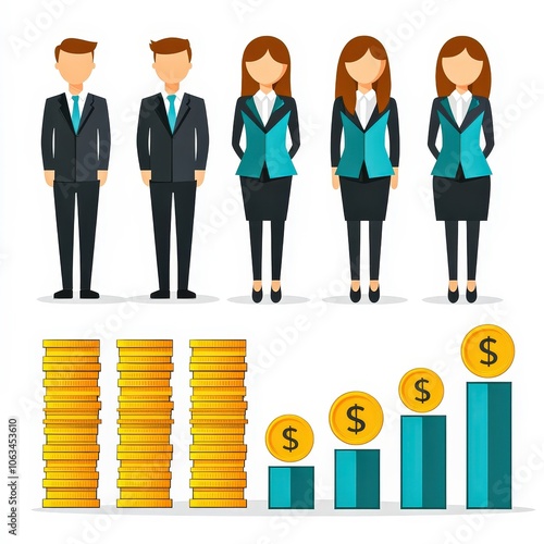 Business professionals in suits with growing financial graphs and coins, depicting growth and success.