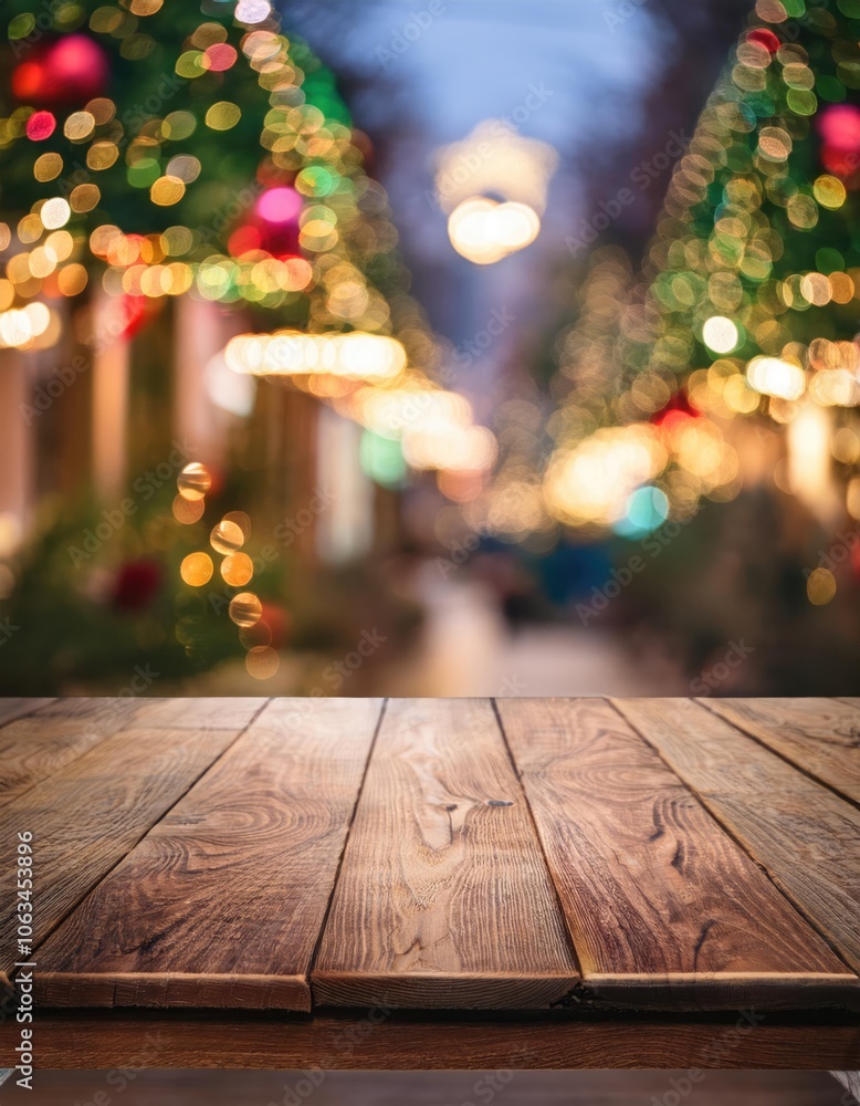 Empty table top with blur background of Christmas, abstract blurred Christmas decorations background Empty table top with blur background of Christmas, abstract blurred Christmas decorations background