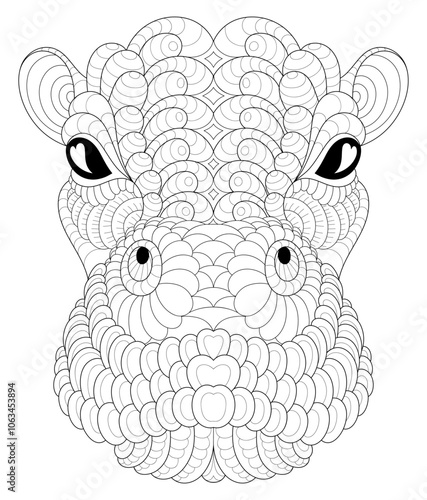 Vector illustration of black and white portrait image with hippopotamus. Drawn in zentangle style for t-shirt design or tattoo. Anti-stress coloring page with wildlife.