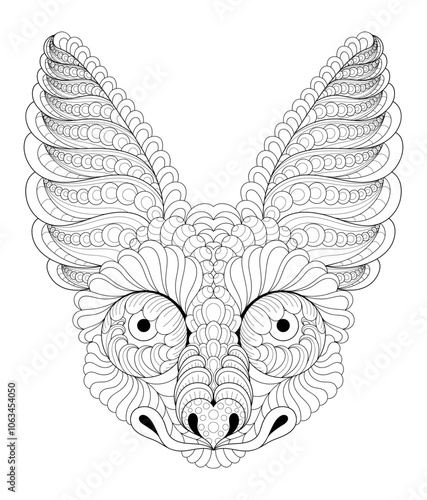 Vector illustration of black and white portrait image with jackal. Drawn in zentangle style for t-shirt design or tattoo. Anti-stress coloring page with wild nature.