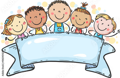 Happy cartoon kids holding ribbon with blank space. Multiethnic children with placard, doodle schoolkids holding banner