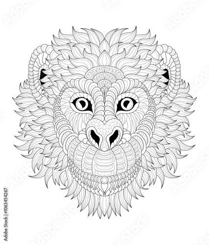 Vector illustration of black and white portrait image with macaque monkey. Drawn in zentangle style for t-shirt design or tattoo. Anti-stress coloring page with wild nature.
