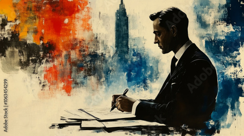 Abstract businessman in modern office with colorful urban background