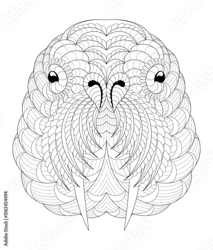 Vector illustration of black and white portrait image with walrus. Drawn in zentangle style for t-shirt design or tattoo. antistress coloring page with wildlife.