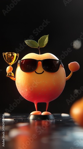 
cute chibbi 3d blender apple character wearing gangster meme sunglasses holding a champion trophy  photo