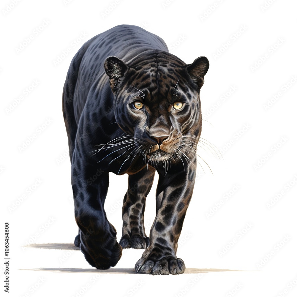 A black panther is walking on a white background A black panther is walking on a white background