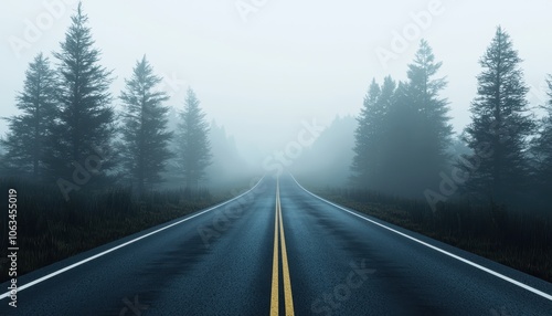 Foggy morning highway through dense trees, mysterious atmosphere, 3D illustration