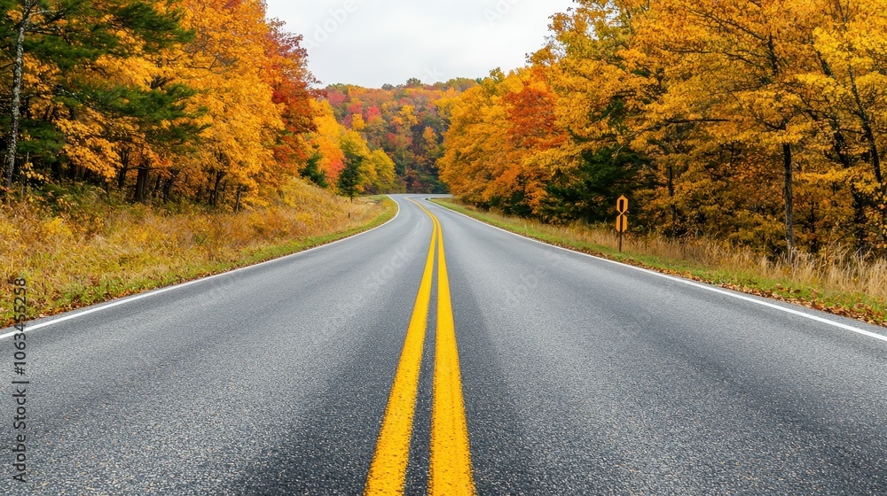 Quiet country highway lined with autumn trees, with open space in the sky for text, golden fall tones, Peaceful, Photography Quiet country highway lined with autumn trees, with open space in the sky for text, golden fall tones, Peaceful, Photography