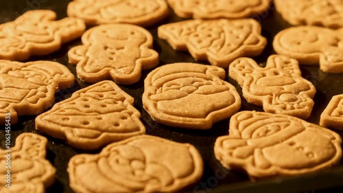 Baked christmas cookies. Process of baking traditional Christmas gingerbread cookies. Timelapse of gingerbread baked. Tasty brown cookies. Homemade bakery concept. Close-up in 4K, UHD