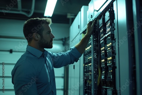 Professional Man Inspecting Server Rack Equipment