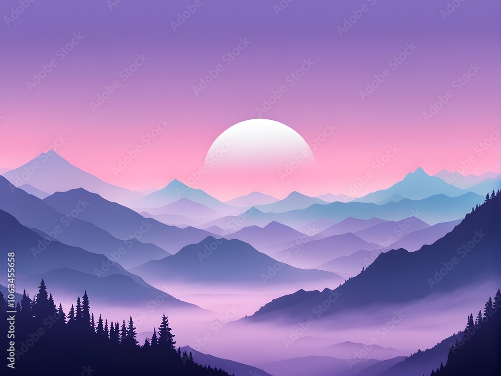gentle fog rolling over minimalist mountain shapes, subtly changing colors from blue to lavender gentle fog rolling over minimalist mountain shapes, subtly changing colors from blue to lavender