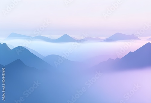 gentle fog rolling over minimalist mountain shapes, subtly changing colors from blue to lavender