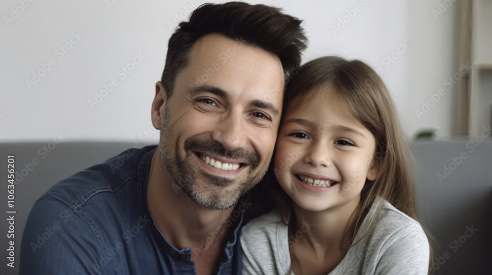 Portrait of a happy father and daughter sitting on the couch Portrait of a happy father and daughter sitting on the couch