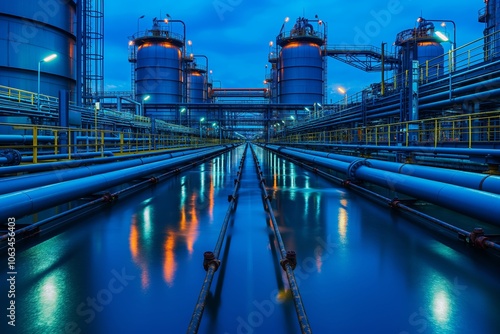 A vast industrial complex showcasing a massive LNG storage tank, surrounded by intricate piping systems and iconic blue lighting at dusk