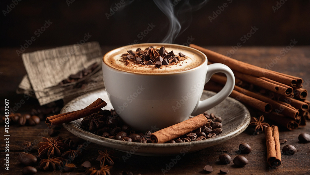 Hot coffee with a cinnamon stick and chocolate shavings on top, creating a cozy and aromatic presentation. Hot coffee with a cinnamon stick and chocolate shavings on top, creating a cozy and aromatic presentation.