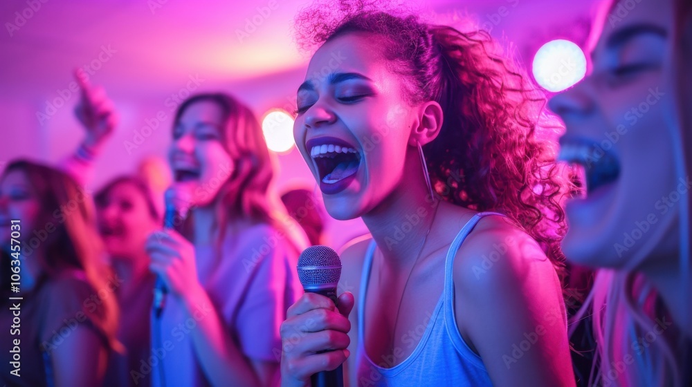 A group of friends enthusiastically singing at a karaoke night, surrounded by vibrant pink and purple lighting, creating a lively and joyful atmosphere. A group of friends enthusiastically singing at a karaoke night, surrounded by vibrant pink and purple lighting, creating a lively and joyful atmosphere.