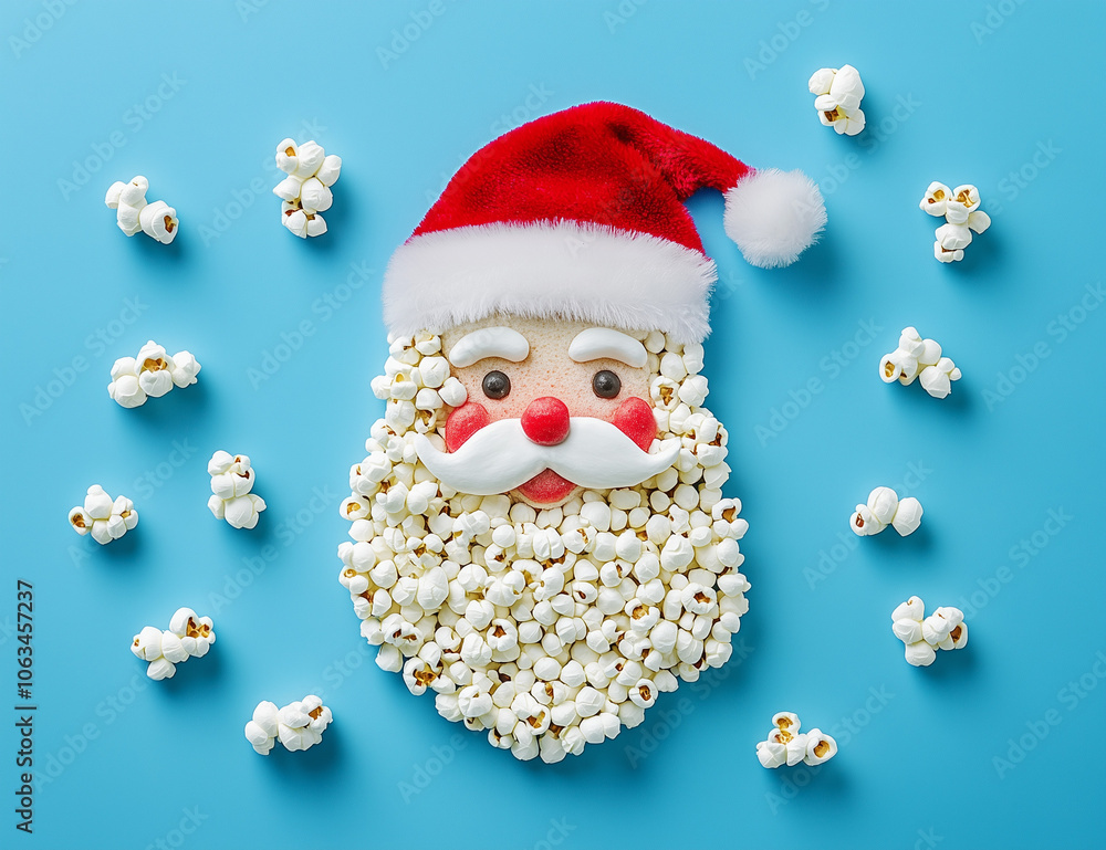 Fototapeta premium Popcorns in the shape of Santa Claus's face, set against a pastel blue background.Minimal creative food and Christmas party advertise concept.Copy space,flat lay