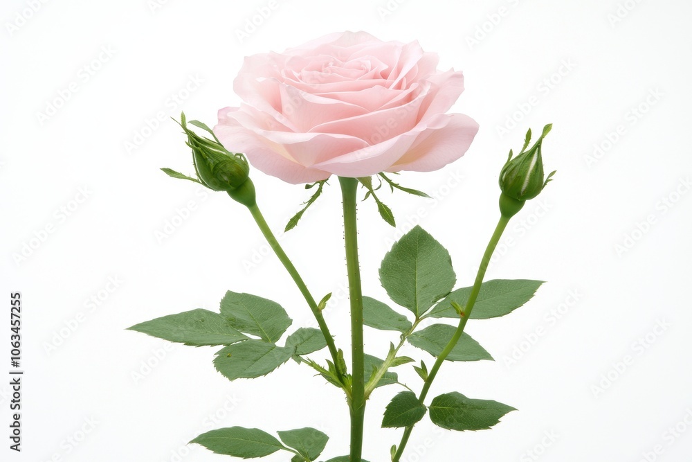 Obraz premium Vintage Pink Rose with Green Buds and Leaves White Background