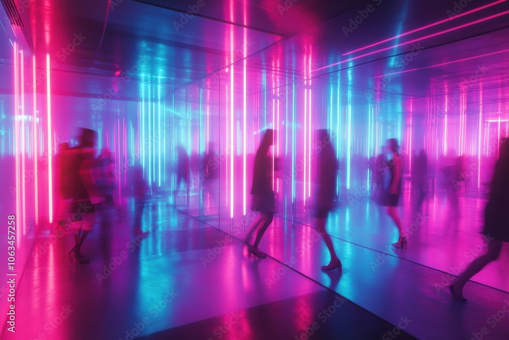A high-energy dance club with neon lights in bright pinks, blues, and greens A high-energy dance club with neon lights in bright pinks, blues, and greens